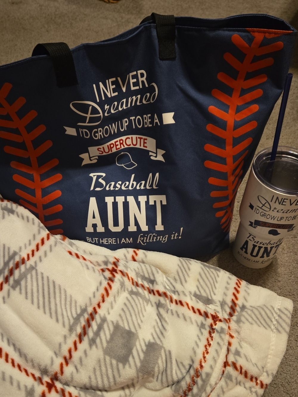 Baseball Aunt Tote Bag and Tumbler Set - Navy and Red With Blanket
